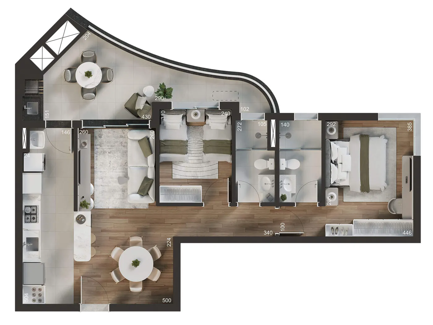 Planta humanizada do final 04, igual à do apartamento 504, com sacada curva, churrasqueira e área técnica